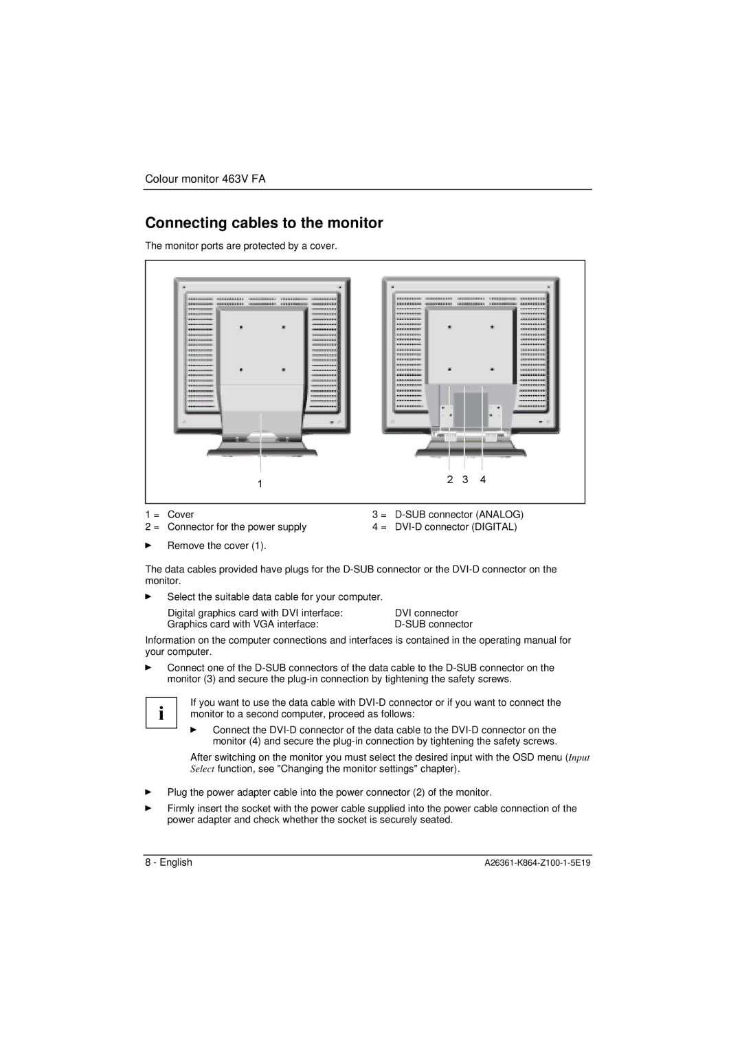 Siemens 463V FA manual Connecting cables to the monitor 