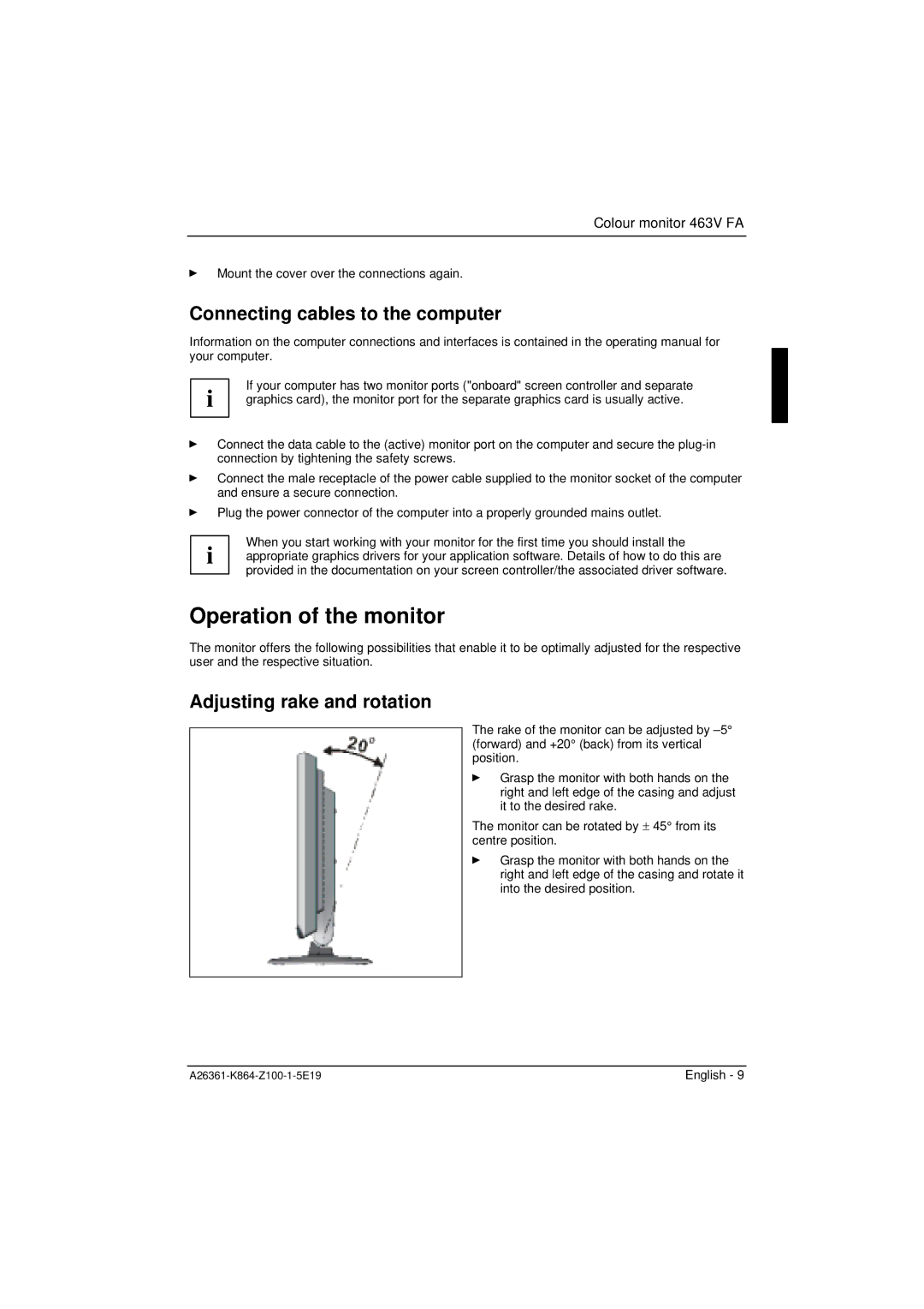 Siemens 463V FA manual Operation of the monitor, Connecting cables to the computer, Adjusting rake and rotation 