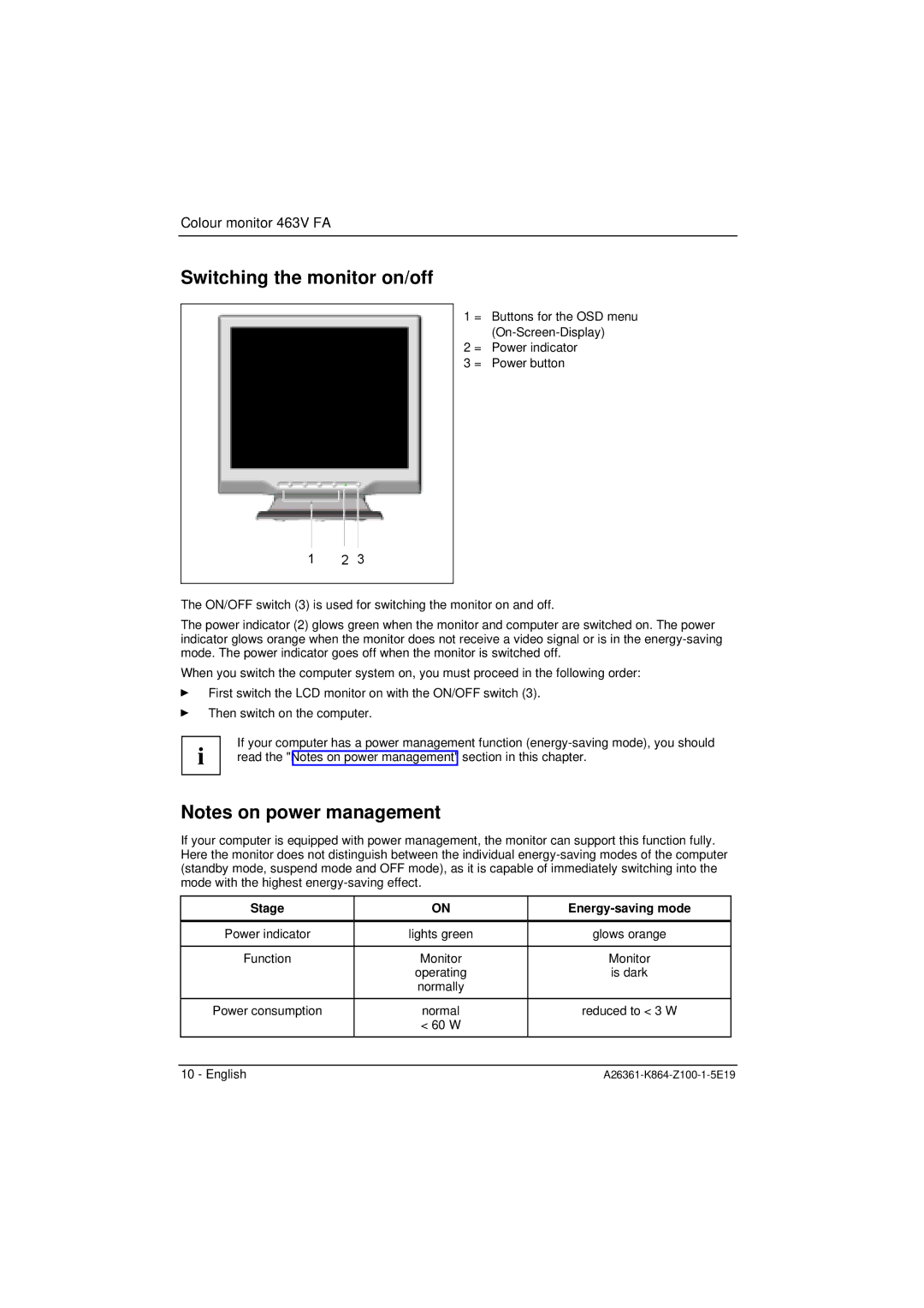 Siemens 463V FA manual Switching the monitor on/off, Stage Energy-saving mode 