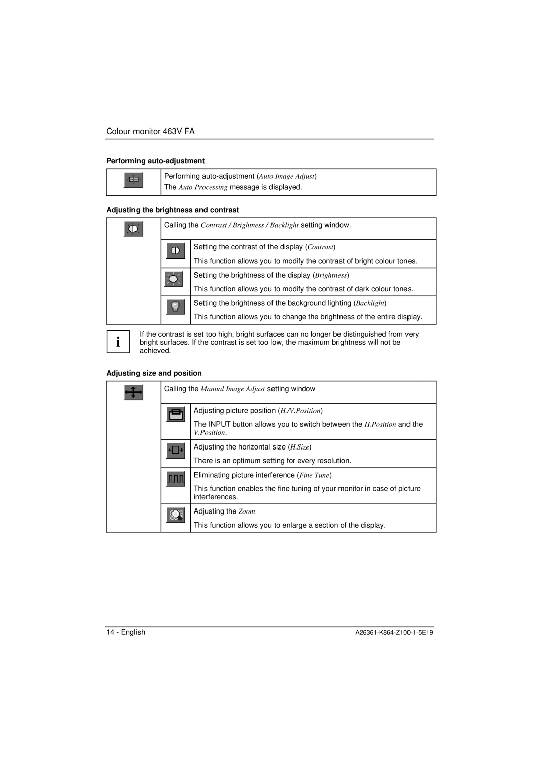 Siemens 463V FA manual Performing auto-adjustment, Adjusting the brightness and contrast, Adjusting size and position 