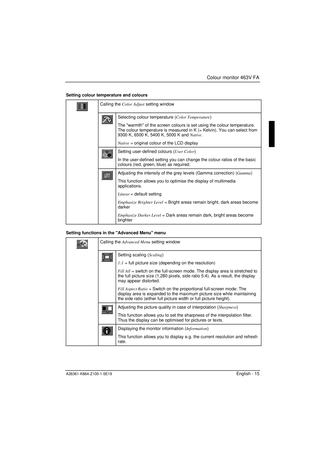 Siemens 463V FA manual Setting colour temperature and colours, Setting functions in the Advanced Menu menu 