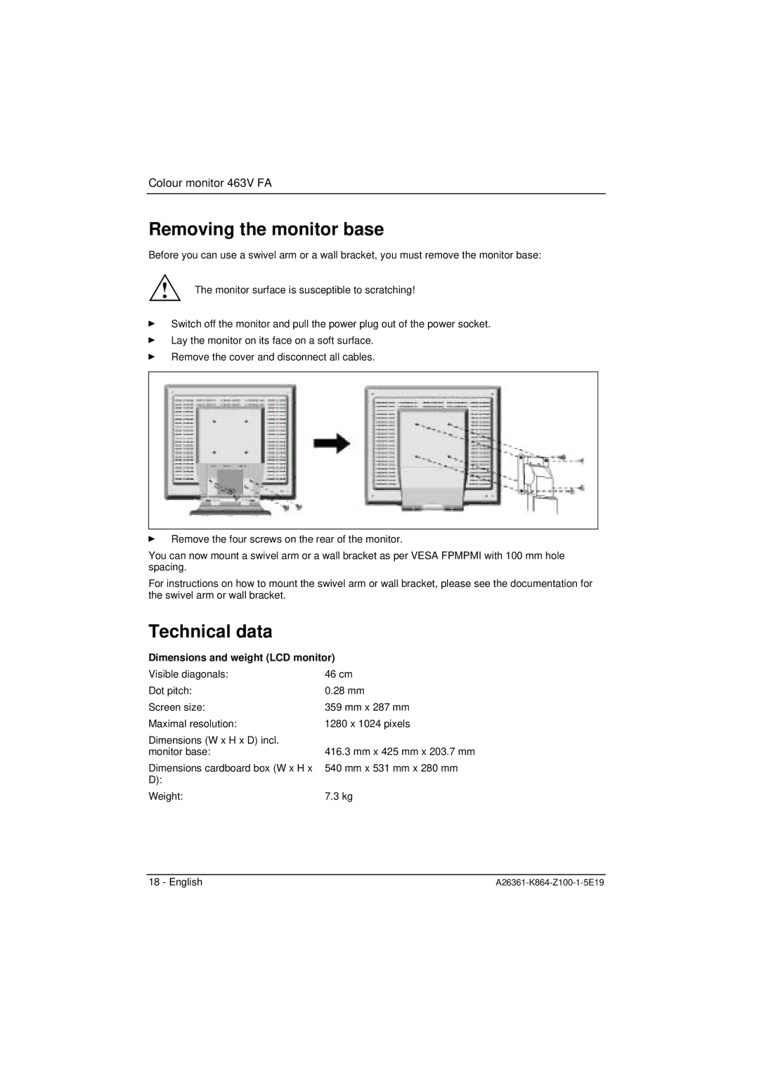 Siemens 463V FA manual Removing the monitor base, Technical data, Dimensions and weight LCD monitor 