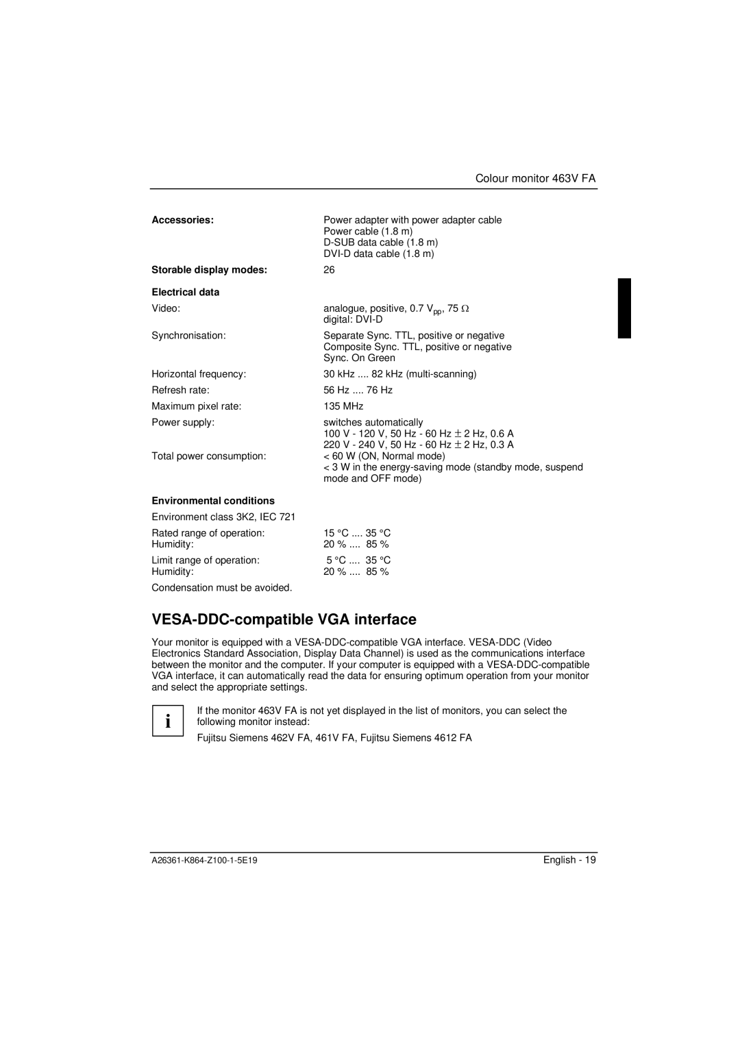 Siemens 463V FA manual VESA-DDC-compatible VGA interface, Accessories, Storable display modes Electrical data 