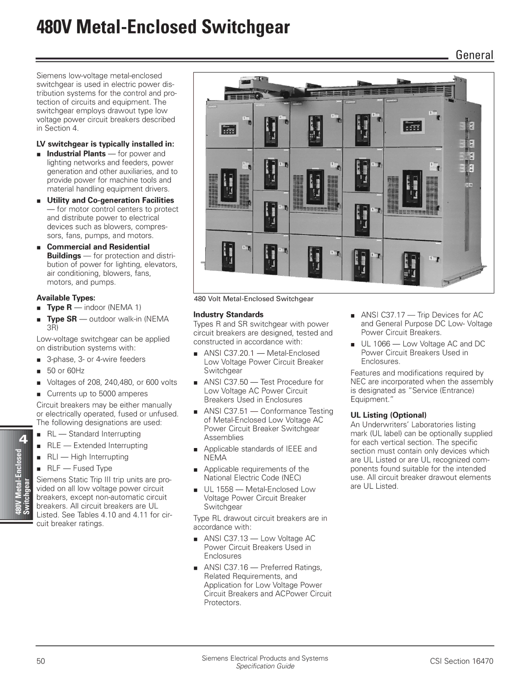 Siemens 480V manual General, LV switchgear is typically installed, Utility and Co-generation Facilities 