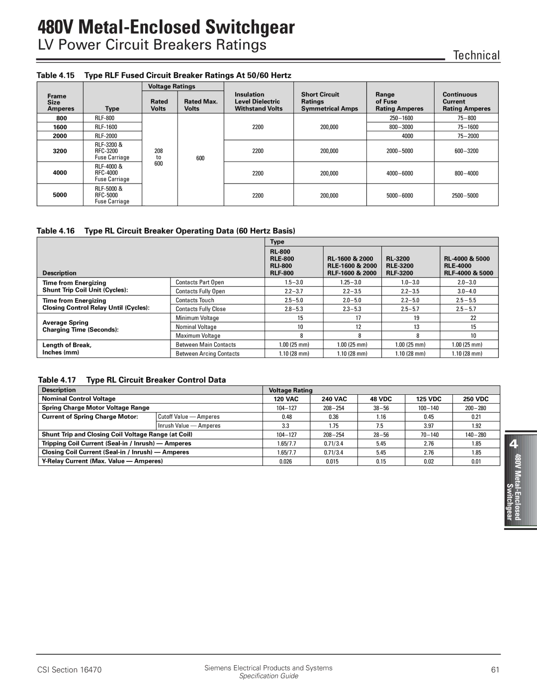 Siemens 480V Type RLF Fused Circuit Breaker Ratings At 50/60 Hertz, Type RL Circuit Breaker Operating Data 60 Hertz Basis 