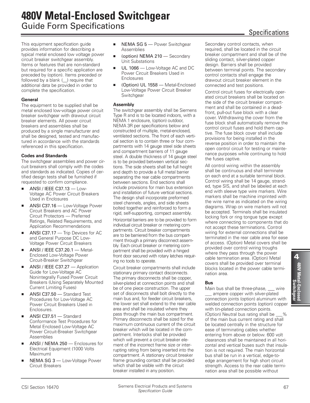 Siemens 480V manual Specifications, Codes and Standards, Assembly, Bus 