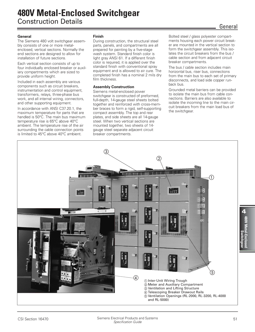 Siemens 480V manual Construction Details, General, Finish, Assembly Construction 