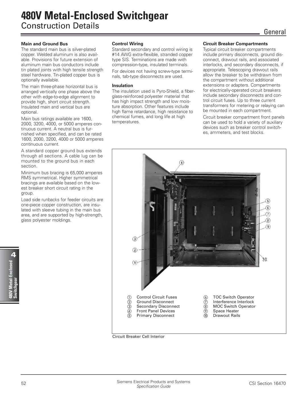 Siemens 480V manual Main and Ground Bus, Control Wiring, Insulation, Circuit Breaker Compartments 