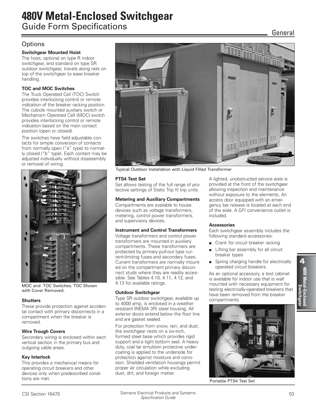 Siemens 480V manual Guide Form Specifications, Options 