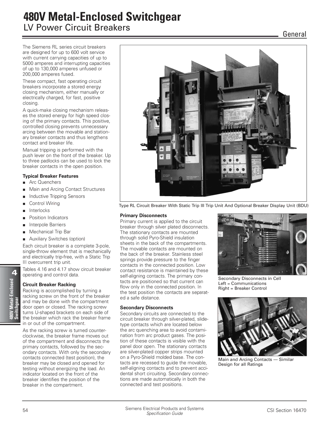 Siemens 480V manual LV Power Circuit Breakers, Typical Breaker Features, Circuit Breaker Racking, Primary Disconnects 