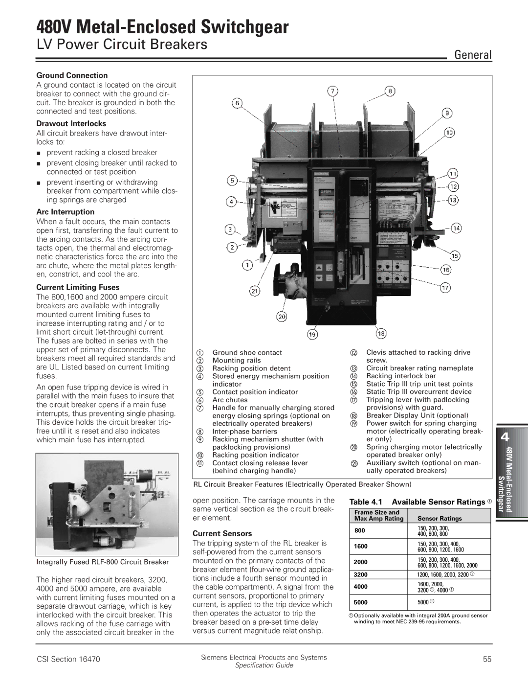 Siemens 480V manual Ground Connection, Drawout Interlocks, Arc Interruption, Current Limiting Fuses, Current Sensors 