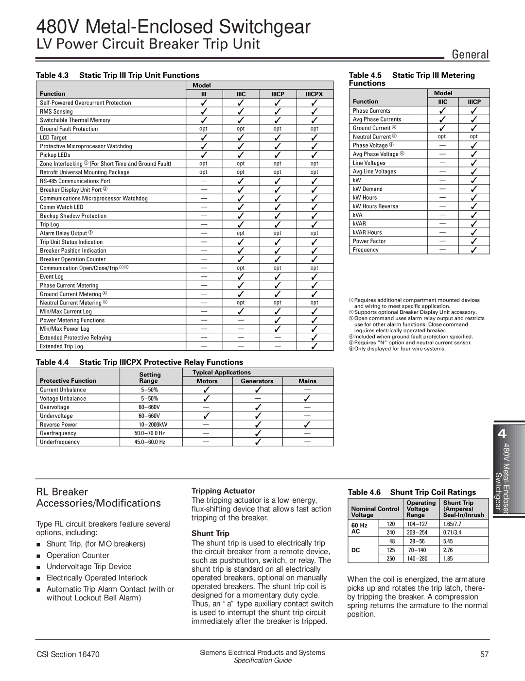 Siemens 480V manual Accessories/Modifications, RL Breaker, Static Trip Iiicpx Protective Relay Functions, Shunt Trip 