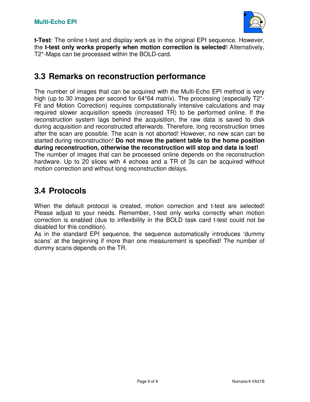 Siemens 4A21 manual Remarks on reconstruction performance, Protocols 