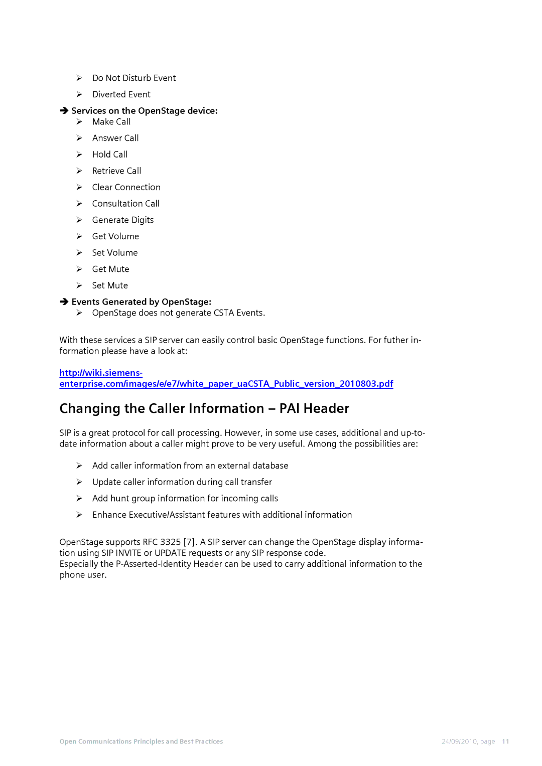 Siemens 50 Changing the Caller Information PAI Header, Services on the OpenStage device, Events Generated by OpenStage 