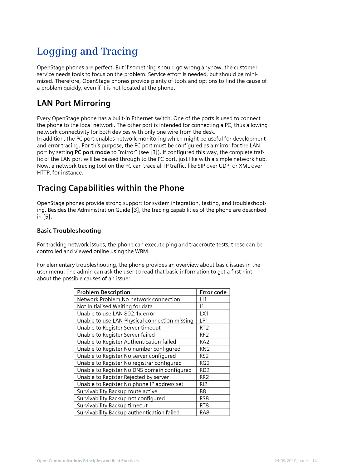 Siemens 50 Logging and Tracing, LAN Port Mirroring, Tracing Capabilities within the Phone, Problem Description Error code 