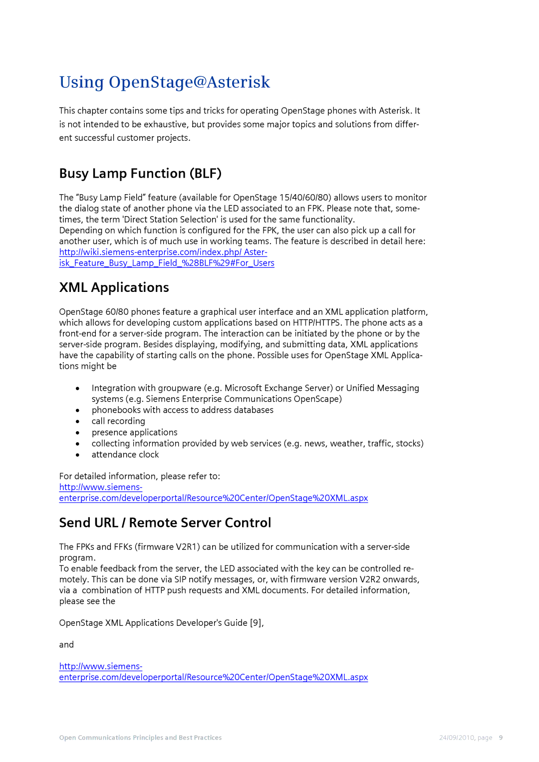 Siemens 50 manual Using OpenStage@Asterisk, Busy Lamp Function BLF, XML Applications, Send URL / Remote Server Control 