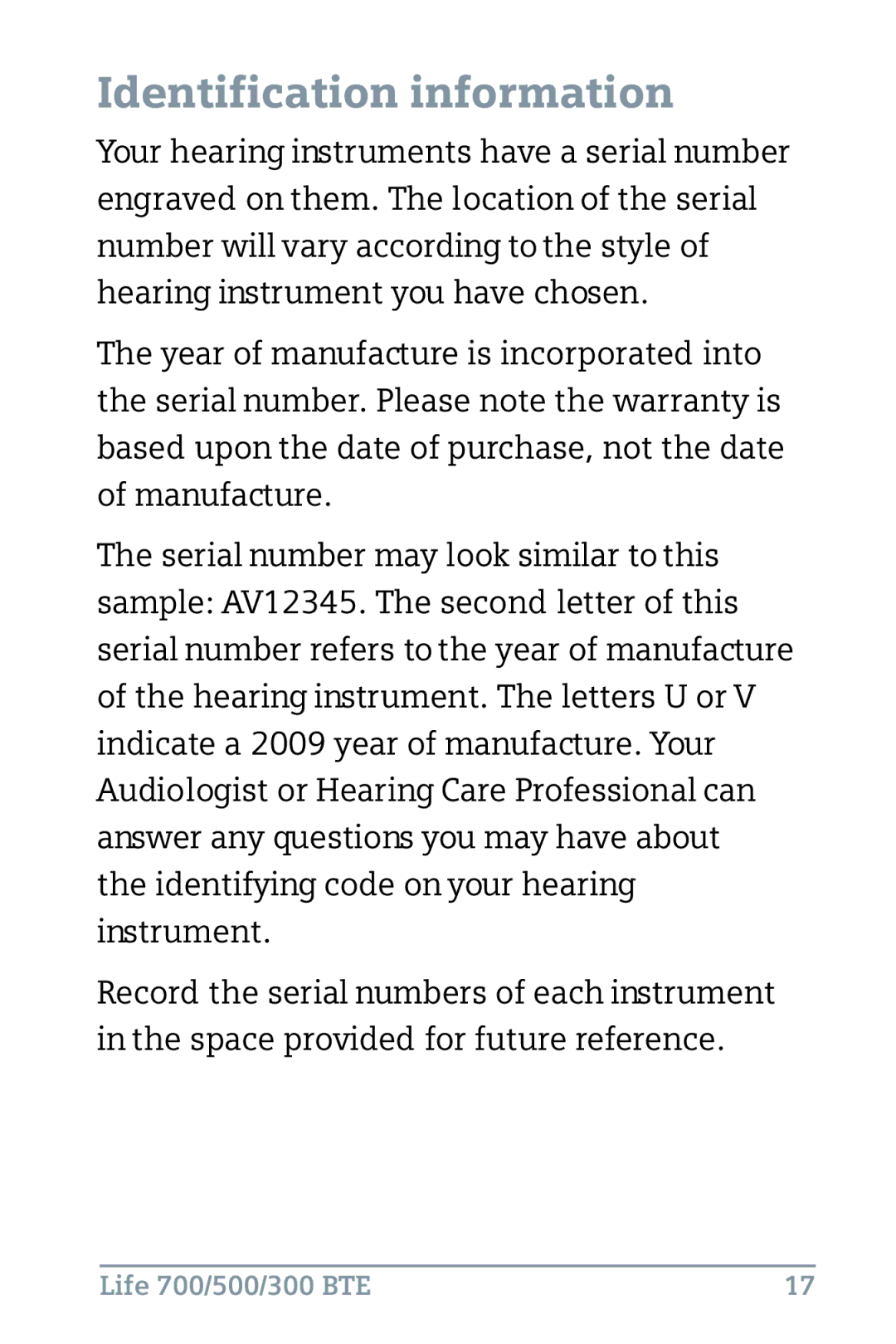 Siemens 500, 700, 300 BTE instruction manual Identificationinformation 