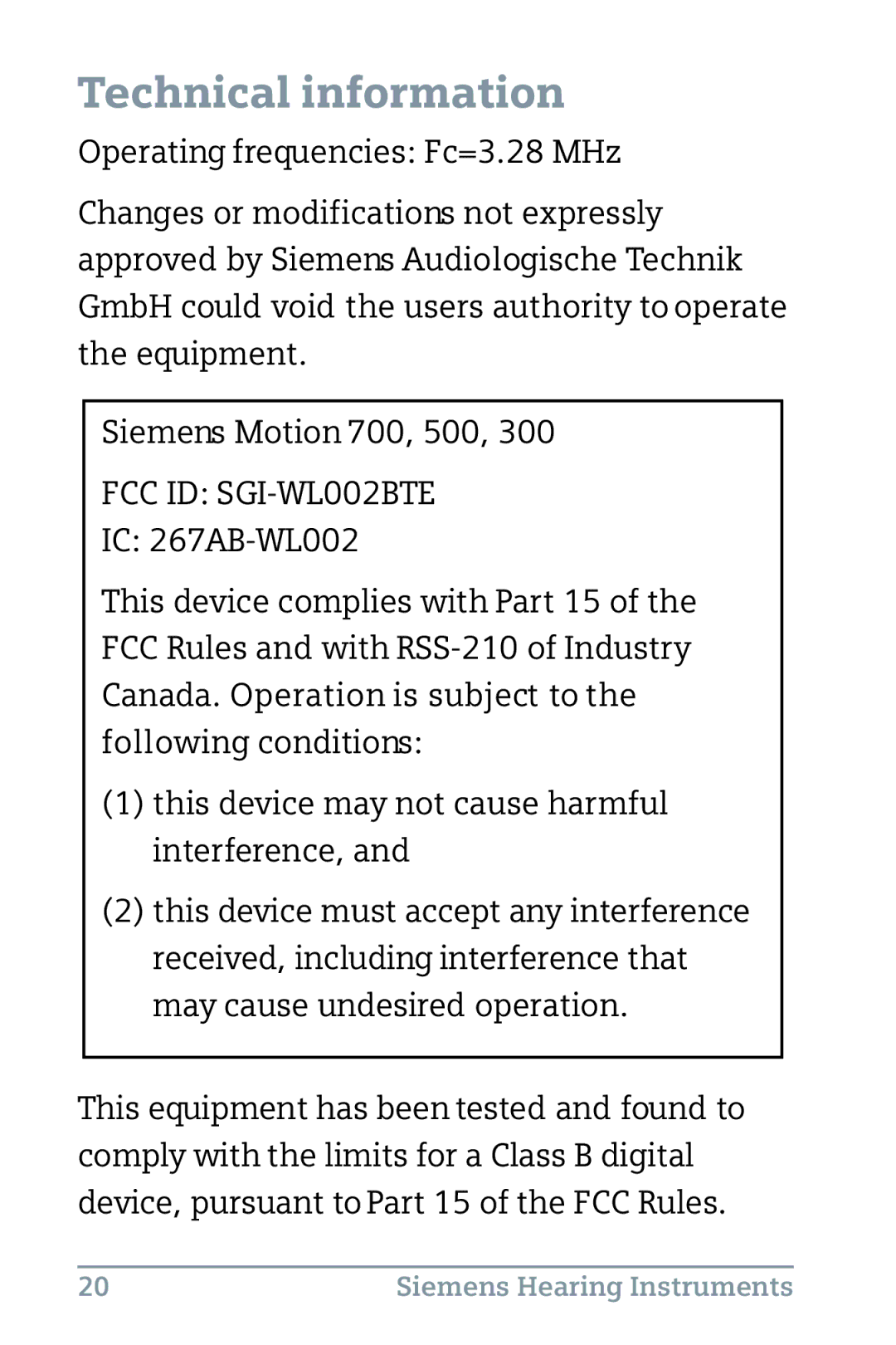 Siemens 500, 700, 300 BTE instruction manual Technicalinformation, FCC ID SGI-WL002BTE 