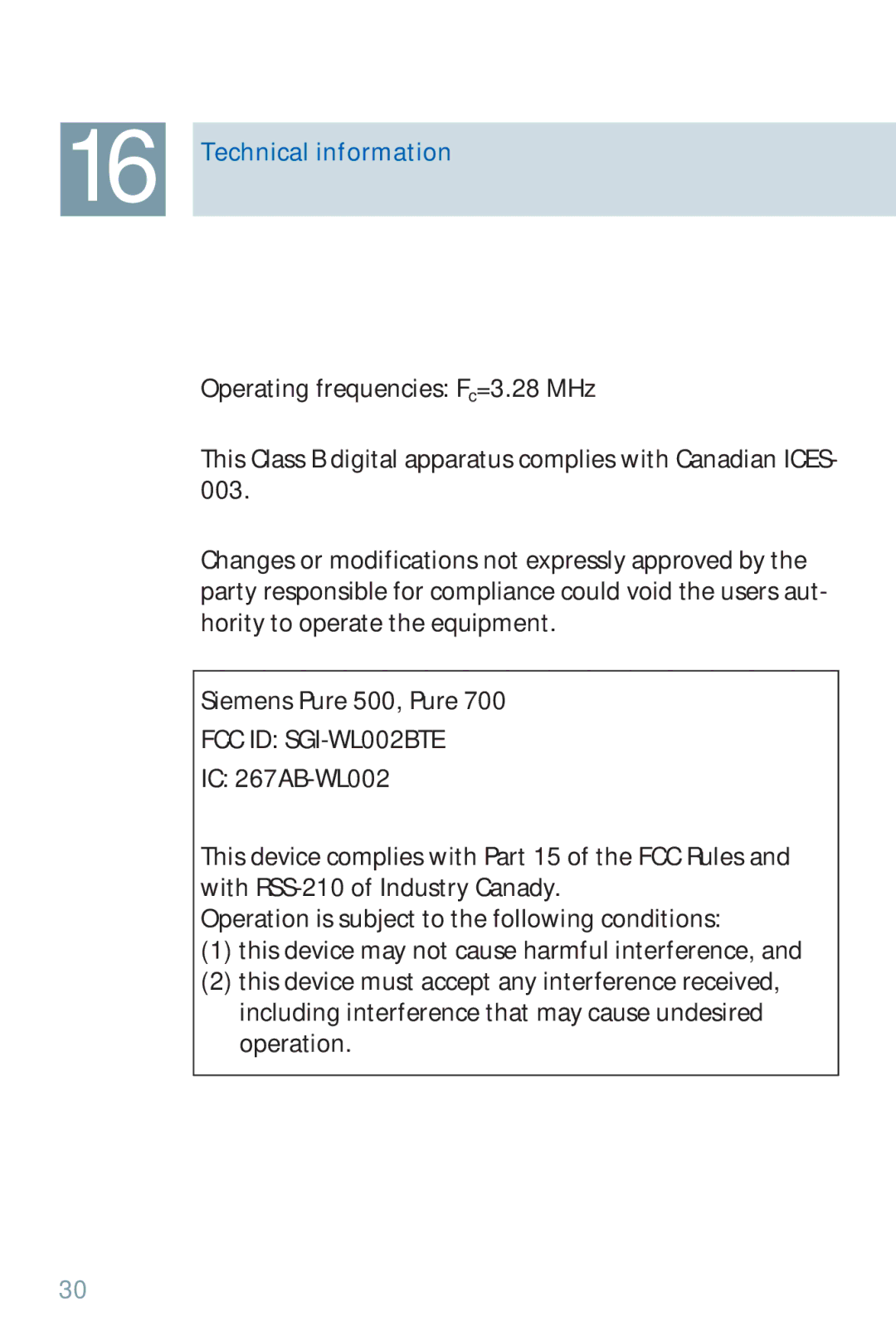 Siemens 500, 700 manual Technical information, FCC ID SGI-WL002BTE 