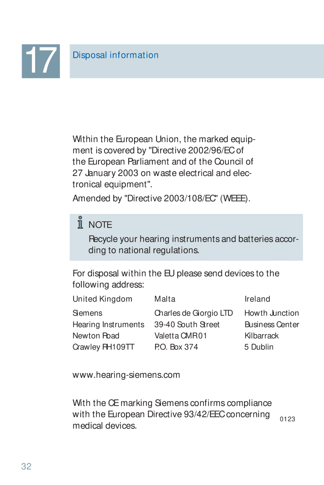 Siemens 500, 700 manual Disposal information, United Kingdom Malta Ireland 