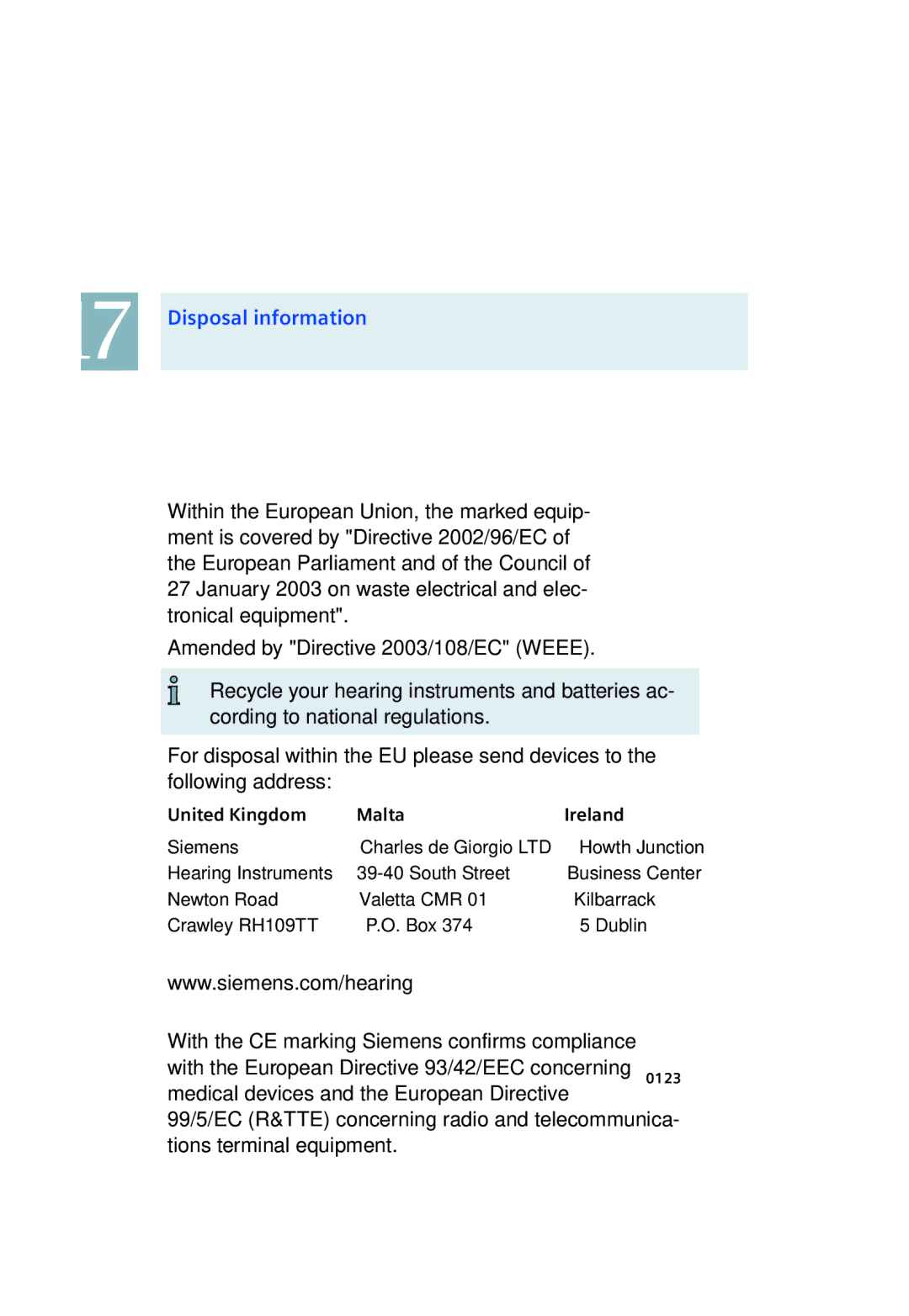 Siemens 500, 700 manual Disposal information, United Kingdom Malta Ireland 