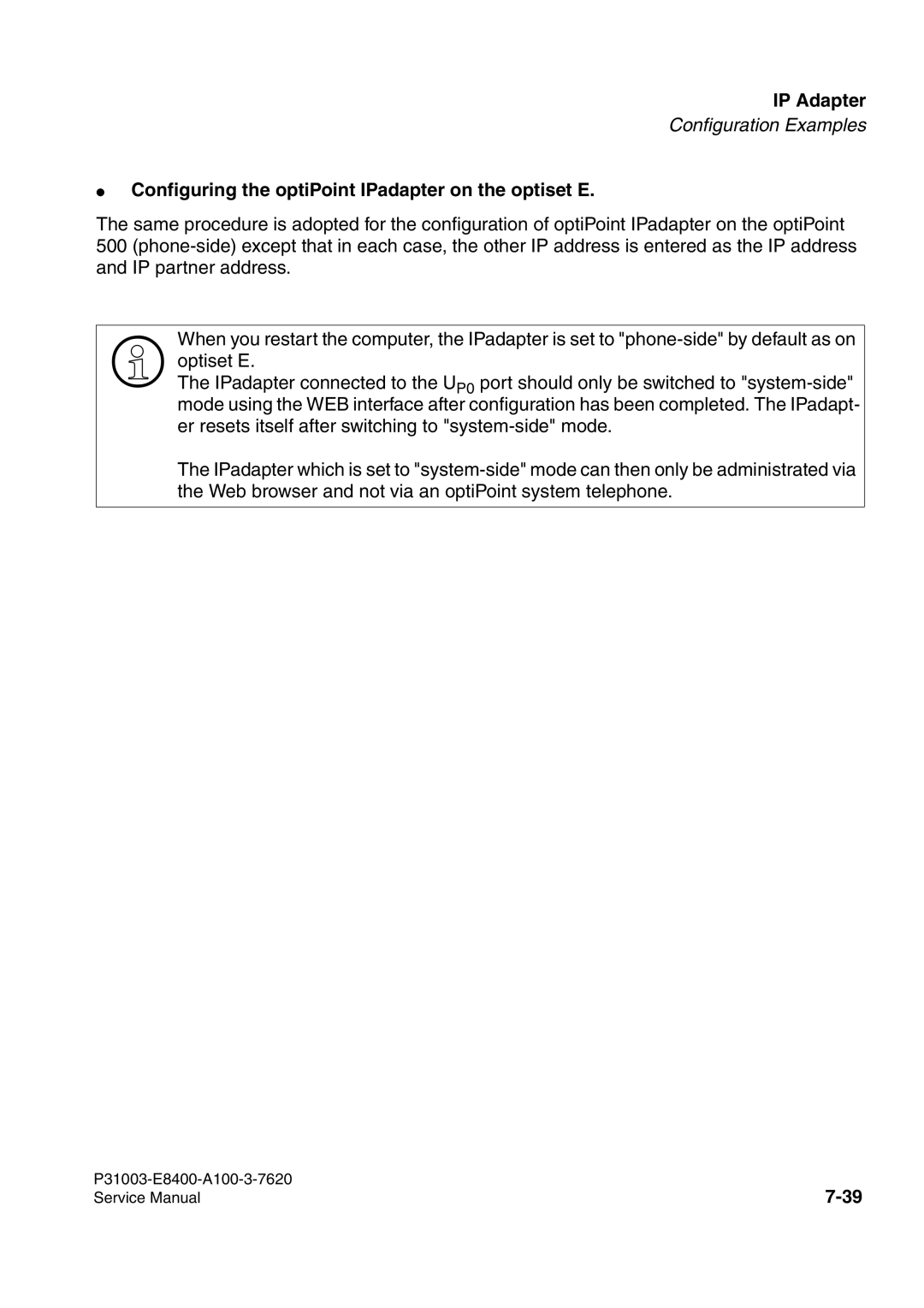 Siemens 500 service manual Configuring the optiPoint IPadapter on the optiset E 