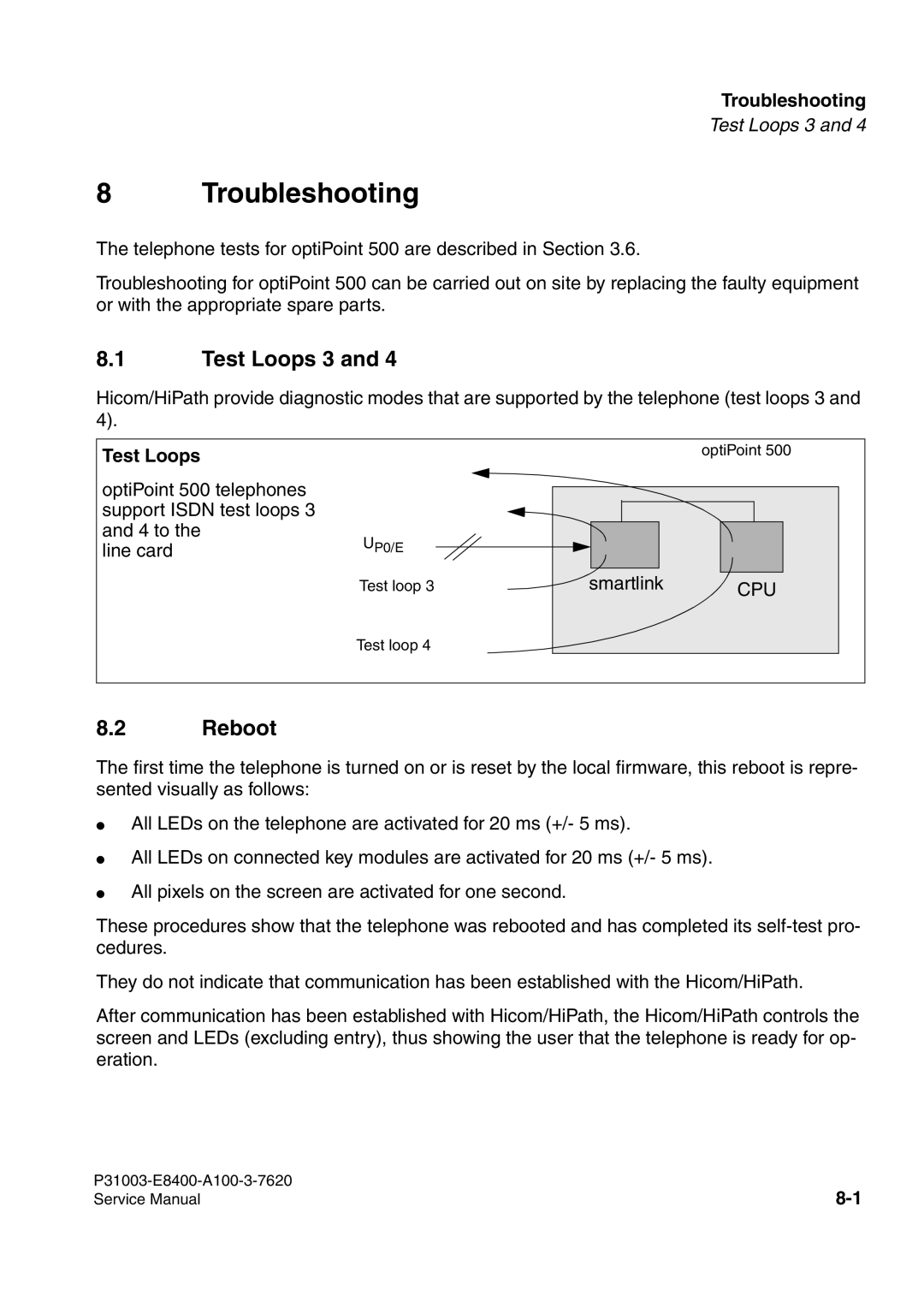 Siemens 500 service manual Troubleshooting, Test Loops 3, Reboot 