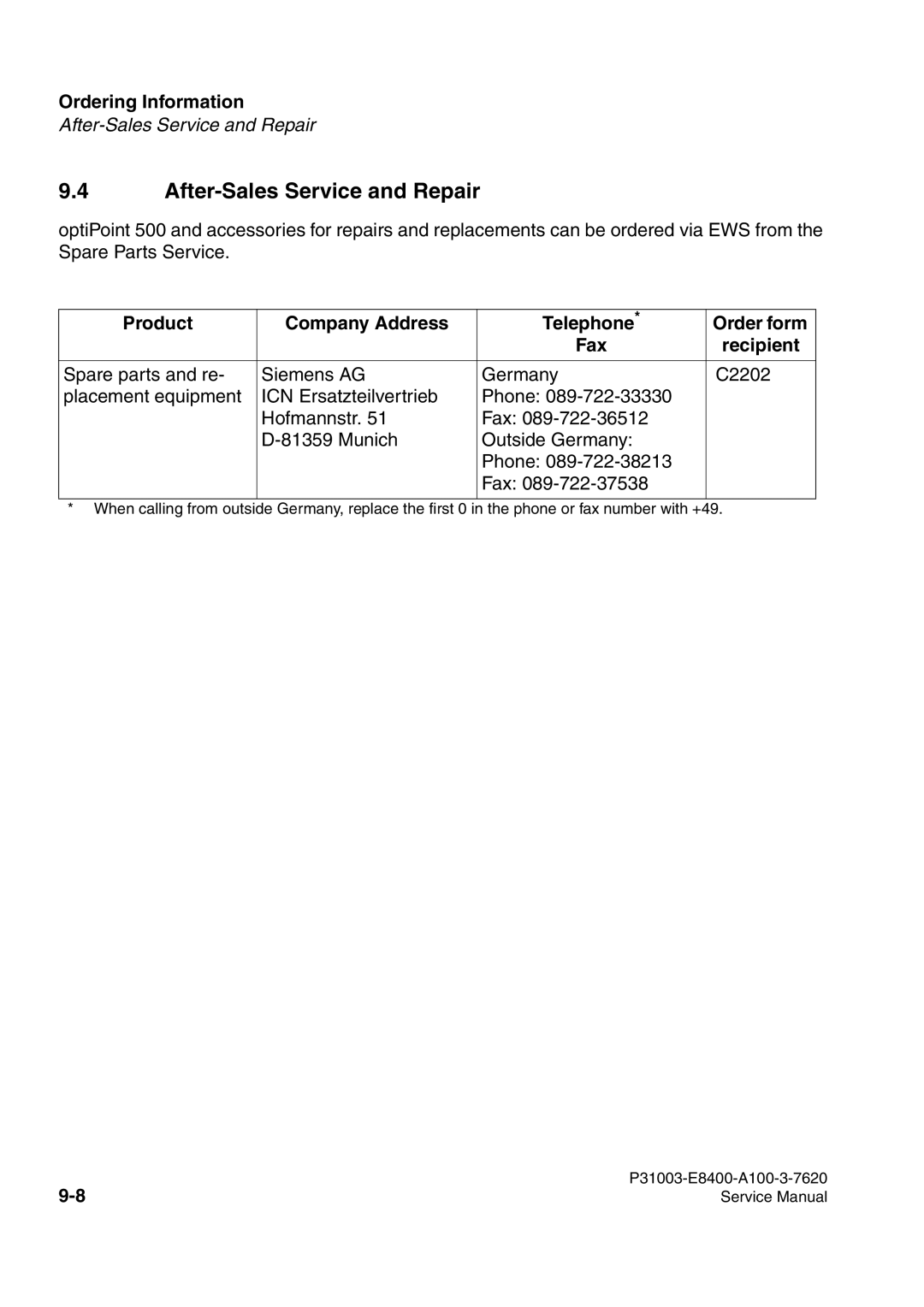 Siemens 500 service manual After-Sales Service and Repair, Product Company Address Telephone Order form Fax Recipient 