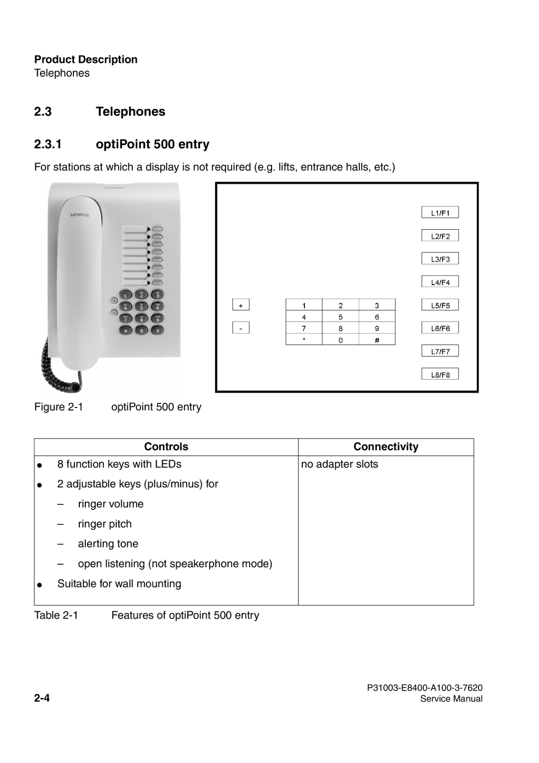 Siemens service manual Telephones OptiPoint 500 entry, Controls Connectivity 