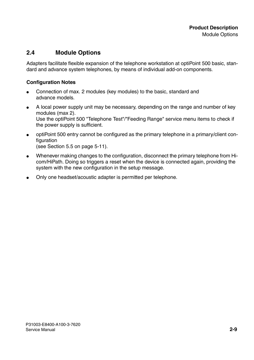 Siemens 500 service manual Module Options, Configuration Notes 