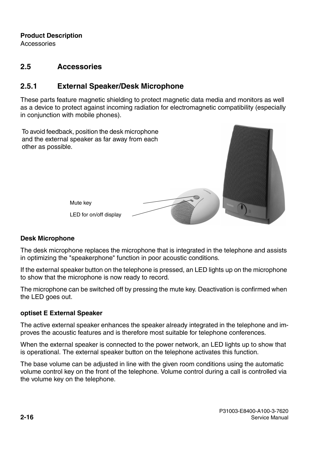 Siemens 500 service manual Accessories External Speaker/Desk Microphone, Optiset E External Speaker 