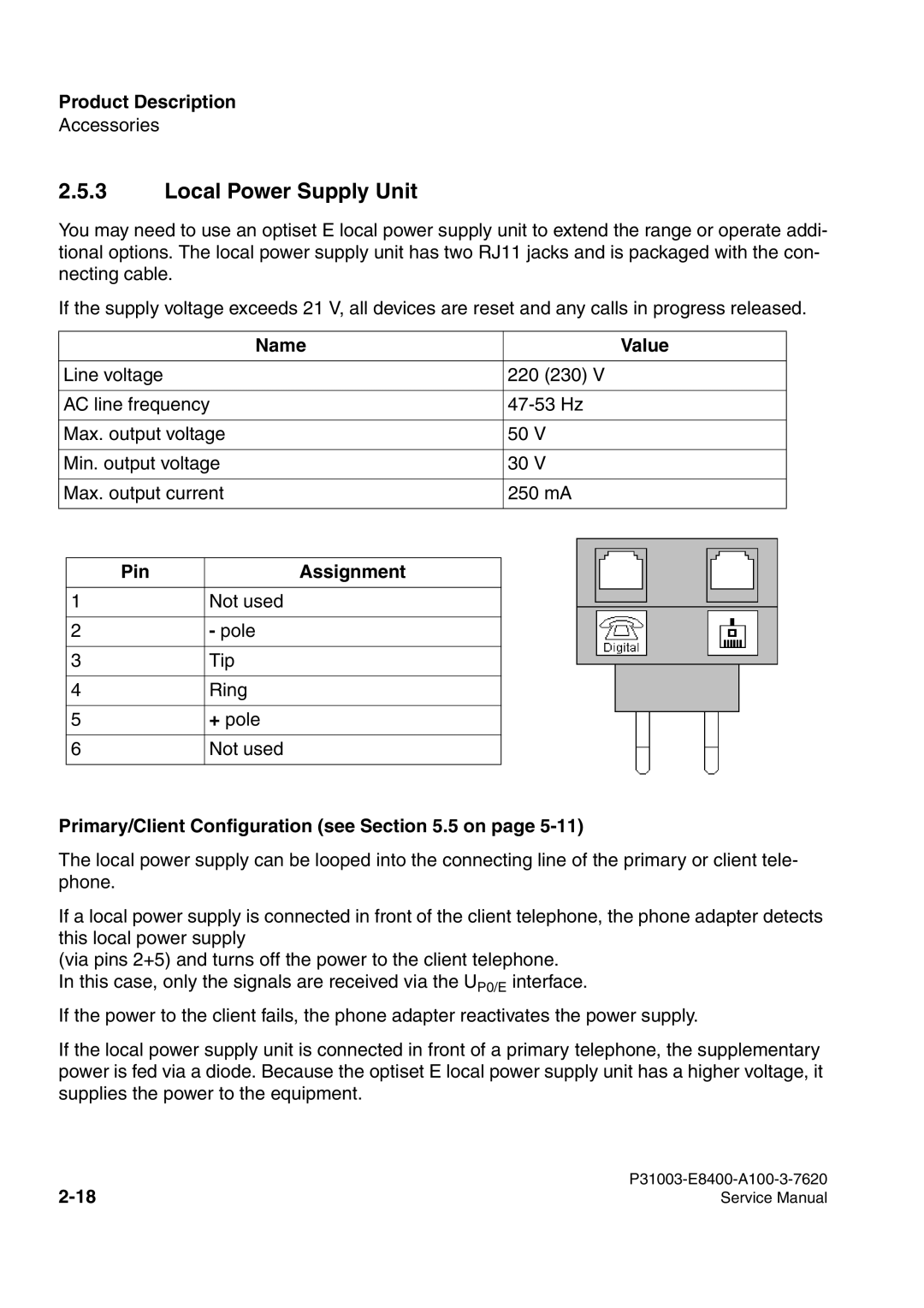 Siemens 500 service manual Local Power Supply Unit, Name Value, Pin Assignment, Primary/Client Configuration see .5 on 