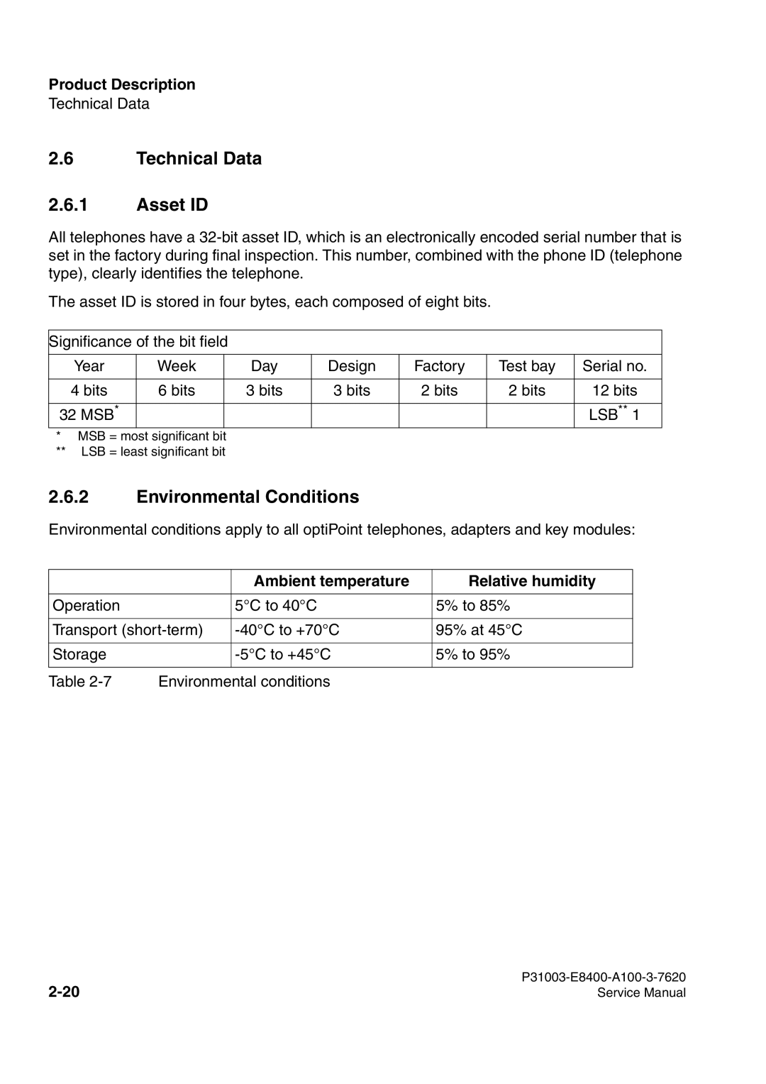 Siemens 500 service manual Technical Data Asset ID, Environmental Conditions, Ambient temperature Relative humidity 