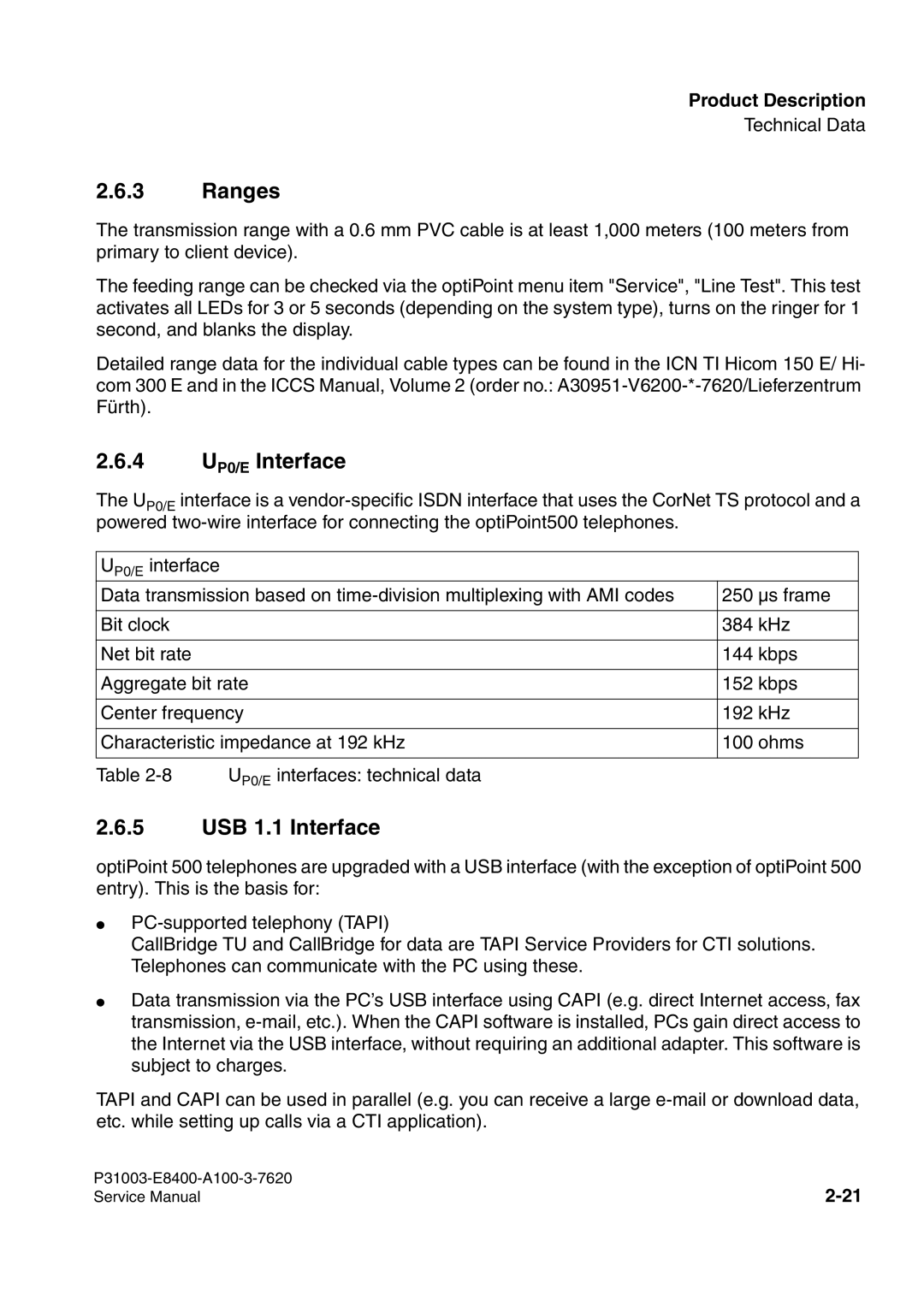 Siemens 500 service manual Ranges, 4 UP0/E Interface, USB 1.1 Interface 