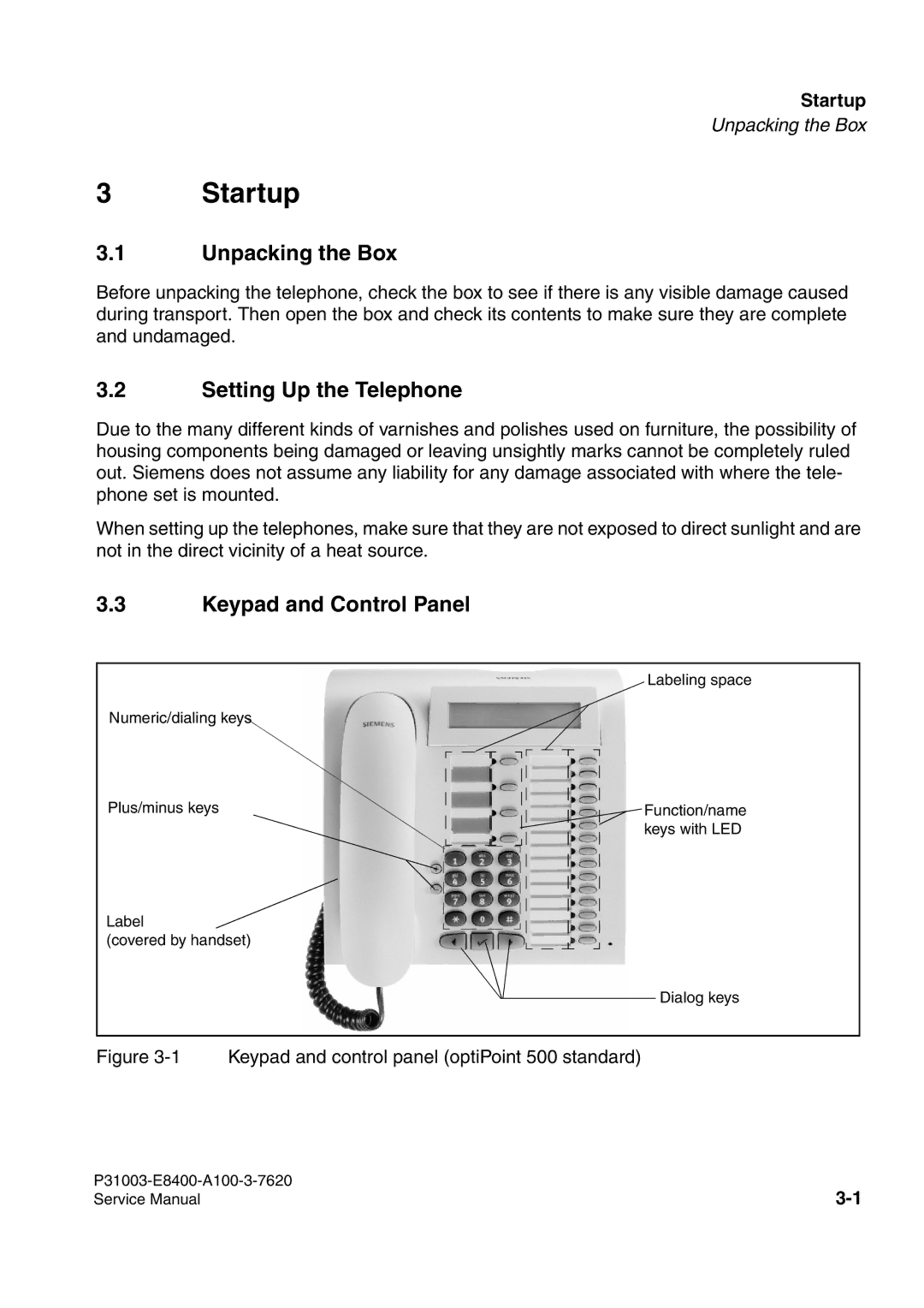 Siemens 500 service manual Startup, Unpacking the Box, Setting Up the Telephone, Keypad and Control Panel 