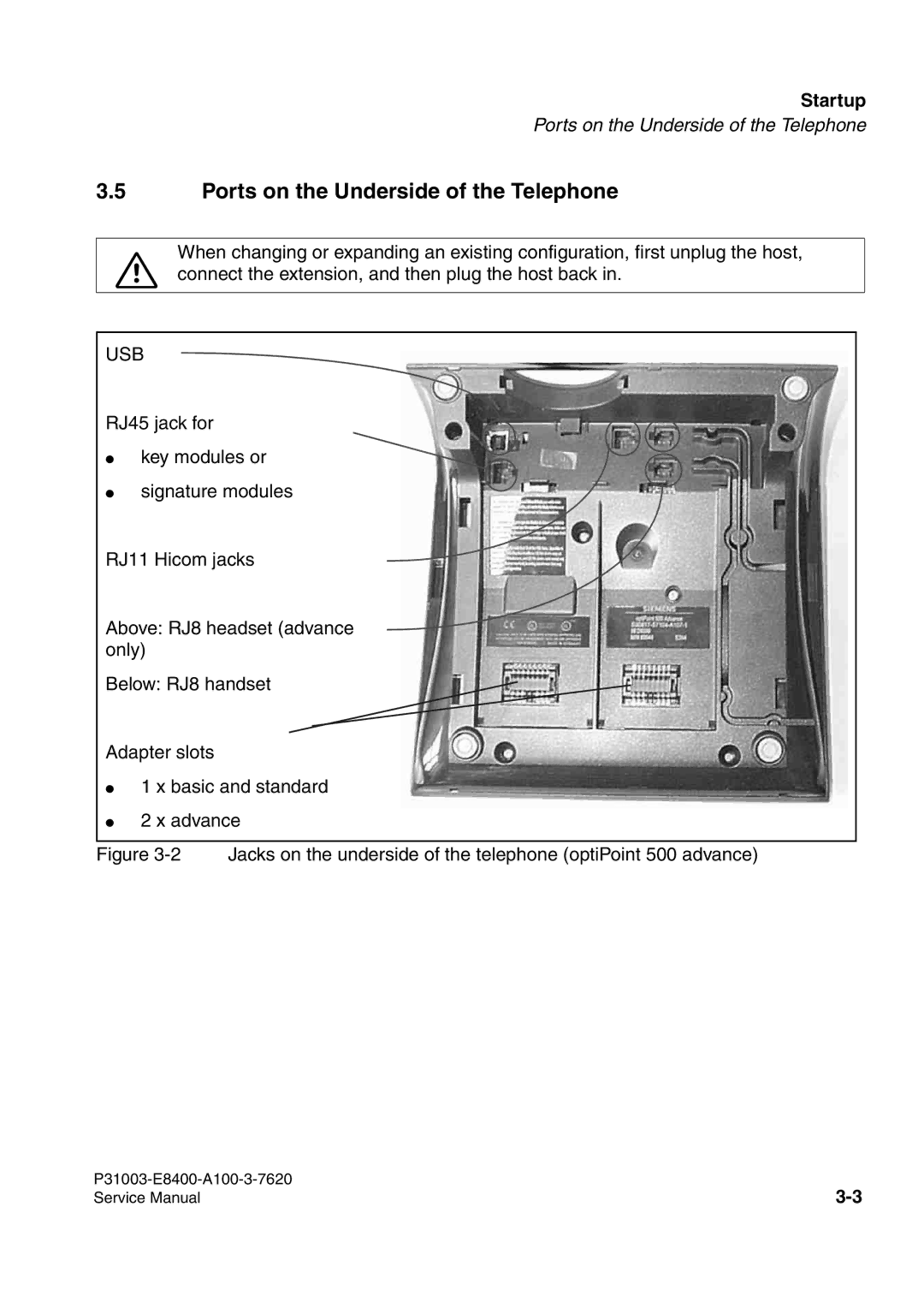 Siemens 500 service manual Ports on the Underside of the Telephone, Usb 