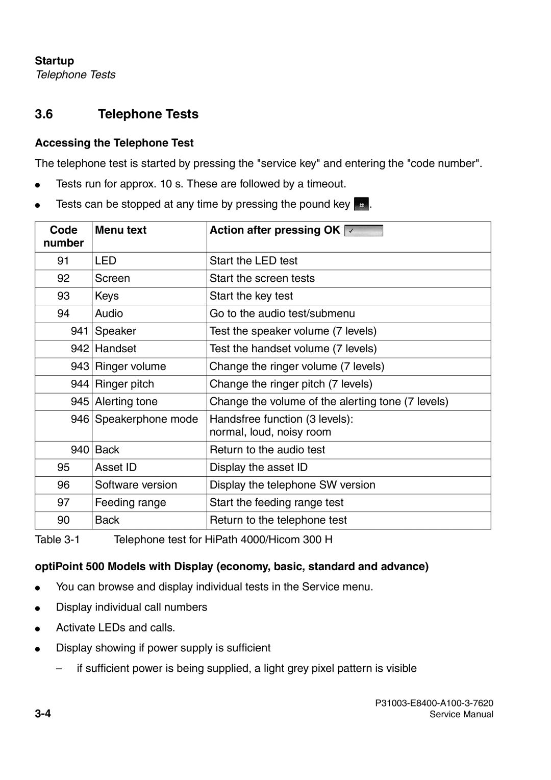 Siemens 500 service manual Telephone Tests, Accessing the Telephone Test, Code Menu text Action after pressing OK Number 