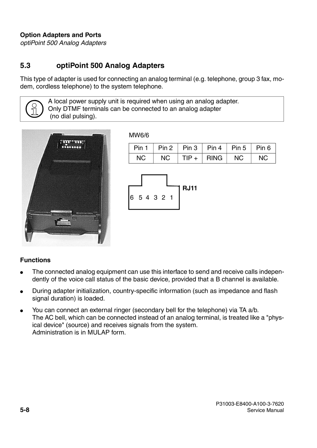 Siemens service manual OptiPoint 500 Analog Adapters, RJ11 Functions 