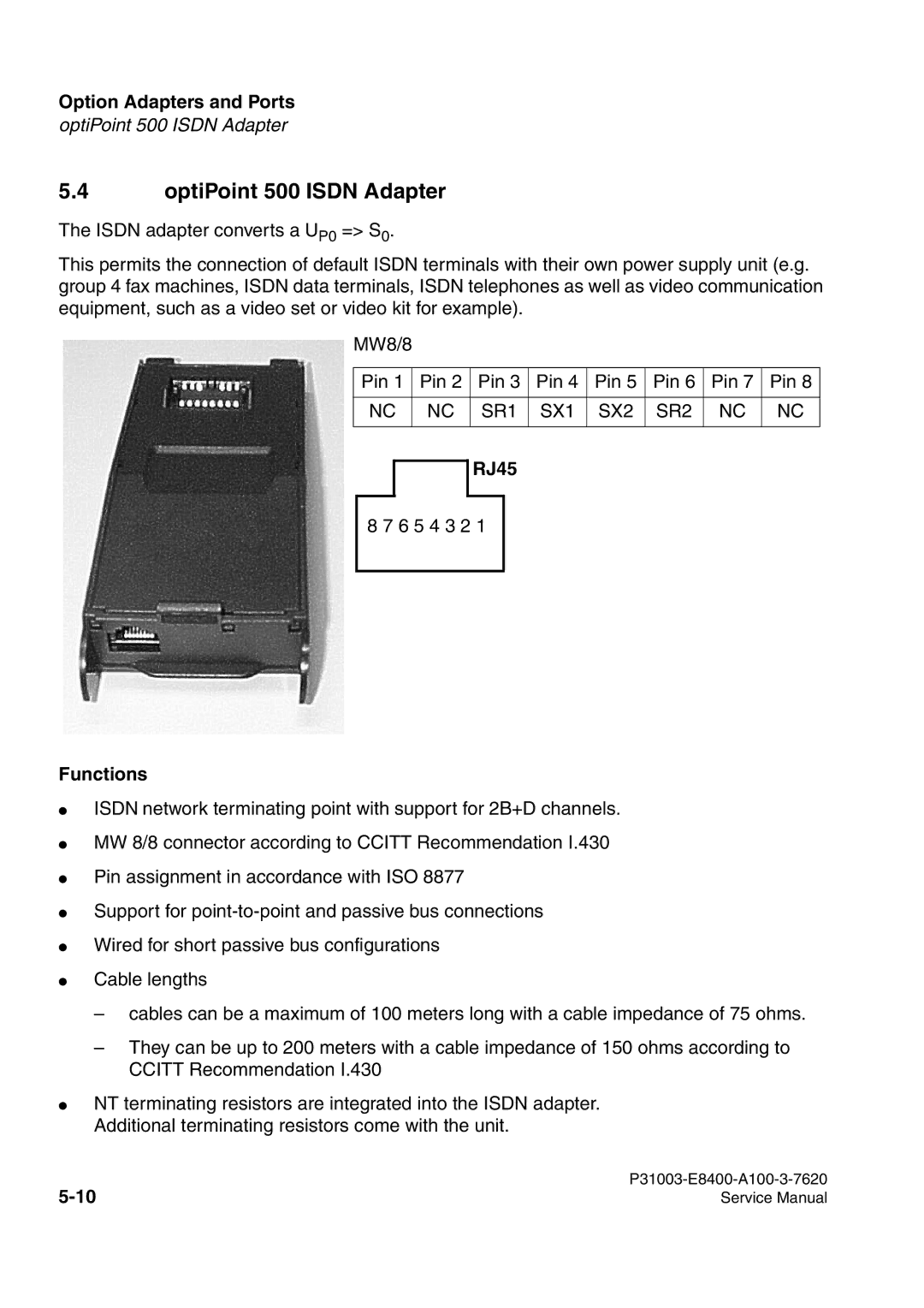 Siemens service manual OptiPoint 500 Isdn Adapter, RJ45 