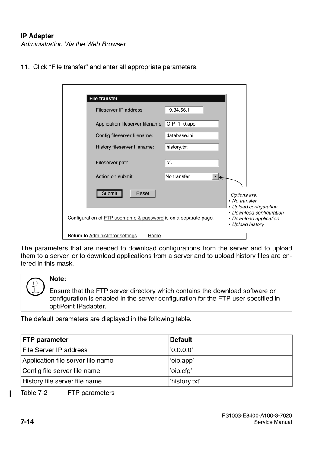 Siemens 500 service manual Click File transfer and enter all appropriate parameters, FTP parameter Default 