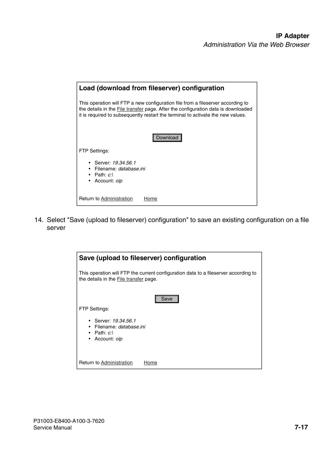 Siemens 500 service manual Load download from fileserver configuration, Save upload to fileserver configuration 