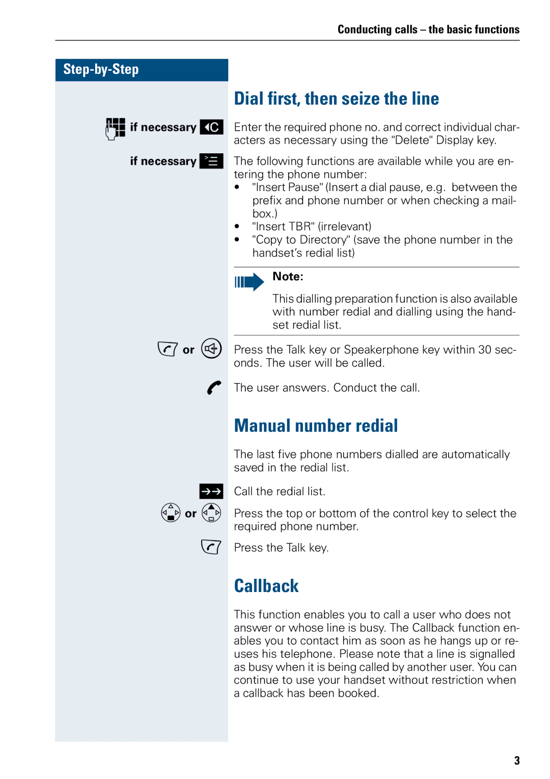 Siemens 500 manual Dial first, then seize the line, Manual number redial, Callback, Oif necessary If necessary Cor u Dor E 