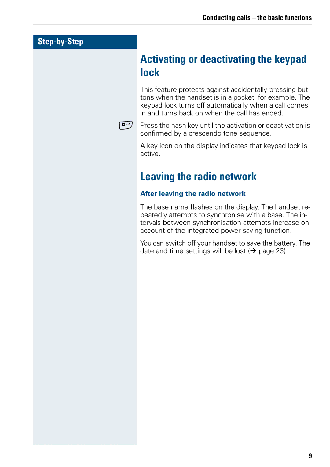 Siemens 500 manual Activating or deactivating the keypad lock, Leaving the radio network, After leaving the radio network 