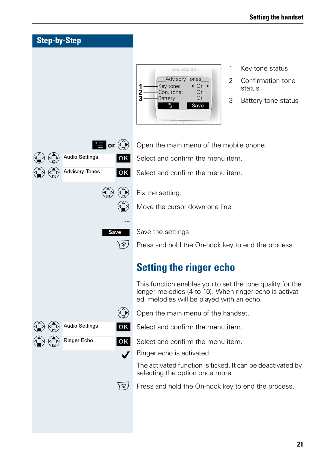 Siemens 500 manual Setting the ringer echo, Or G 