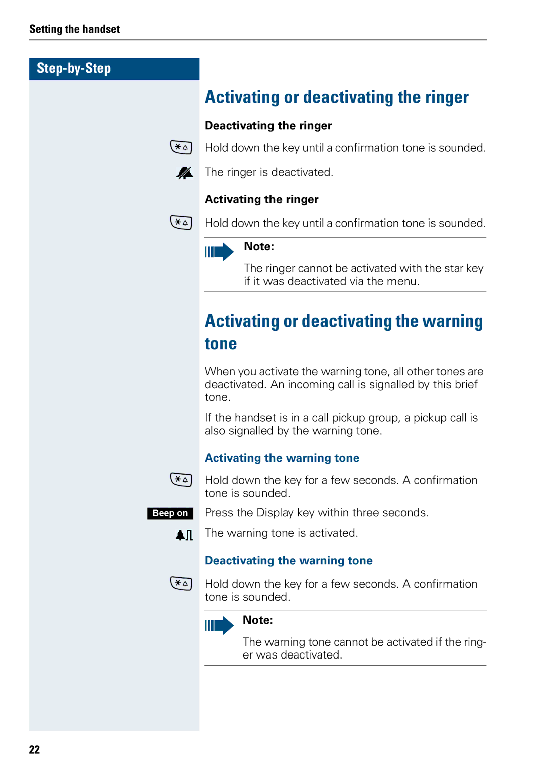 Siemens 500 manual Activating or deactivating the ringer, Activating or deactivating the warning tone 