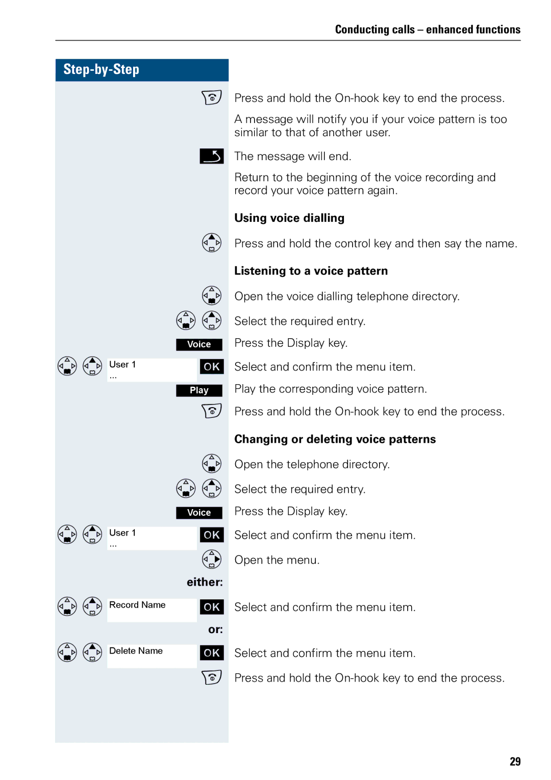 Siemens 500 manual Using voice dialling, Listening to a voice pattern, Changing or deleting voice patterns 