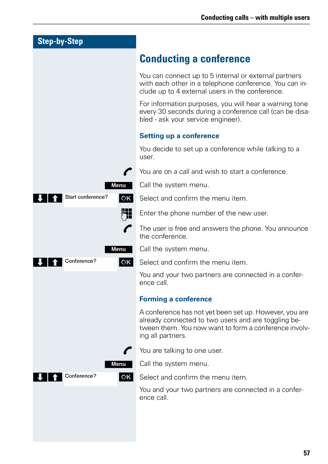 Siemens 500 manual Conducting a conference, Setting up a conference, Forming a conference 