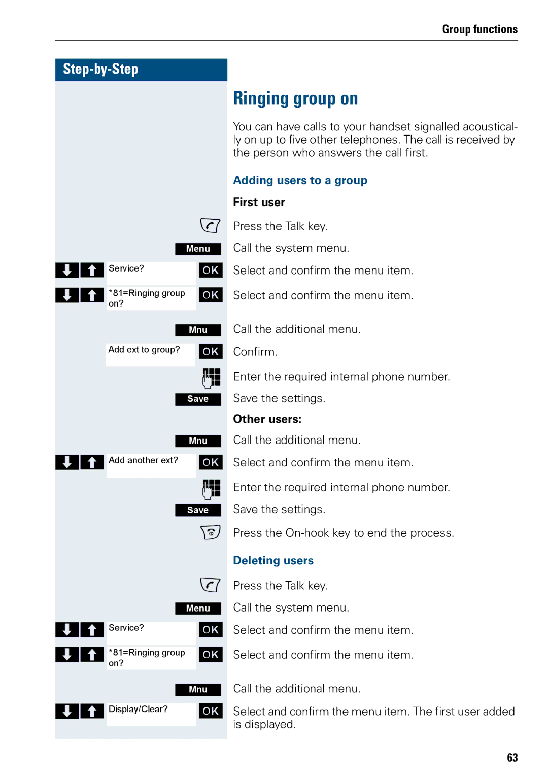 Siemens 500 manual Ringing group on, Adding users to a group, First user, Other users, Deleting users 