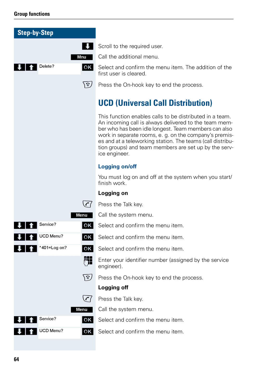 Siemens 500 manual UCD Universal Call Distribution, Logging on/off, Logging off 