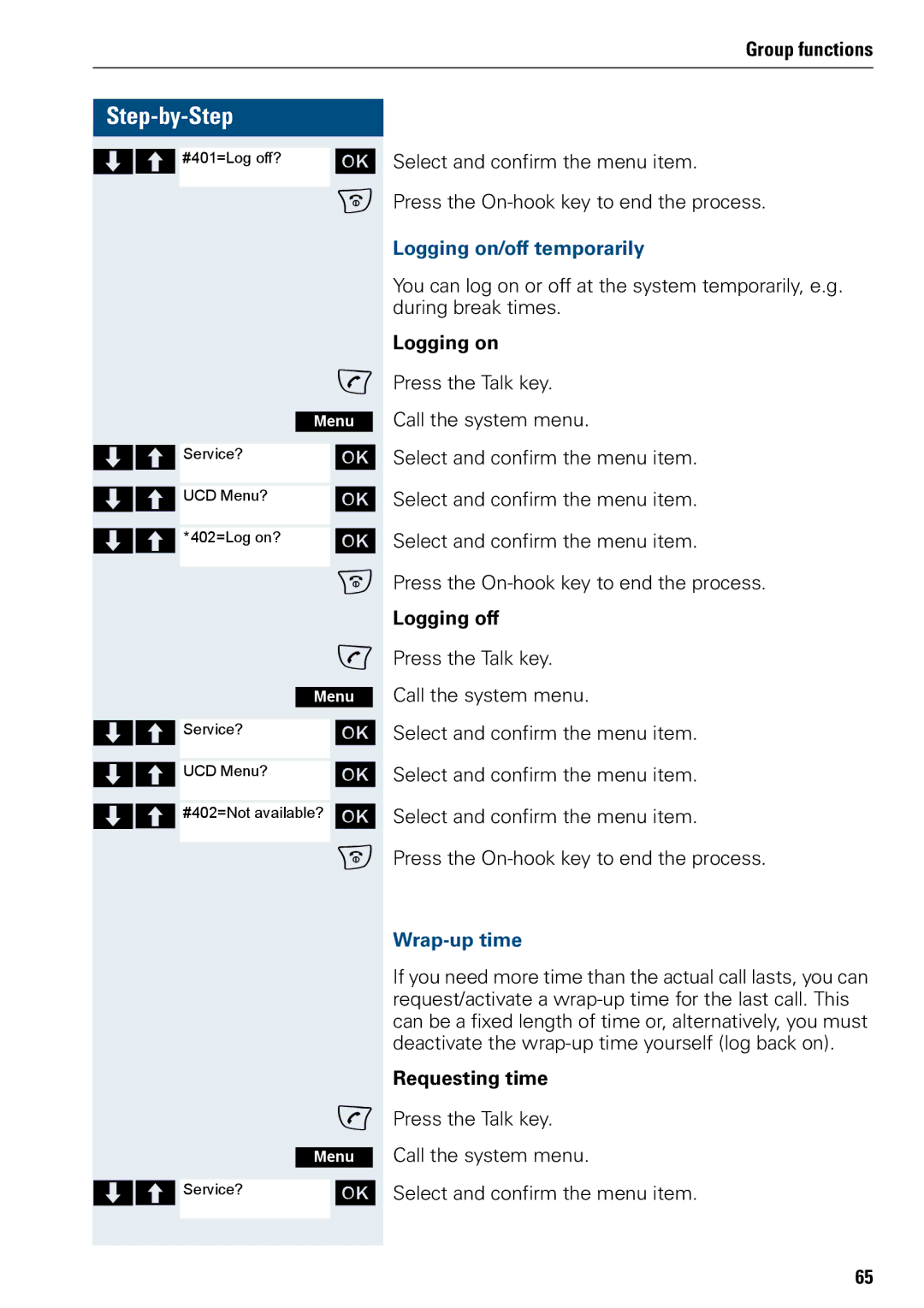 Siemens 500 manual Logging on/off temporarily, Wrap-up time, Requesting time 